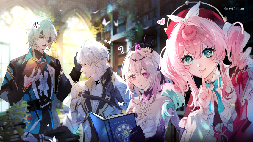 2boys 2girls ? anaxa_(honkai:_star_rail) anger_vein aqua_bow aqua_bowtie aqua_hair armor bare_shoulders black_tiara blue_eyes book bookshelf bow bowtie castorice_(honkai:_star_rail) closed_eyes closed_mouth coat commentary_request dress drill_hair eyepatch finger_to_mouth flower flying_sweatdrops gloves green_eyes hair_between_eyes hair_flower hair_ornament hand_tattoo hand_up hat heart highres holding holding_book honkai:_star_rail honkai_(series) hyacine_(honkai:_star_rail) index_finger_raised indoors jacket kity1211_tetsu long_hair long_sleeves looking_at_another looking_at_viewer multicolored_hair multiple_boys multiple_girls one_eye_covered open_book parted_lips pauldrons phainon_(honkai:_star_rail) pink_hair purple_eyes purple_gloves purple_hair red_dress red_hat red_tattoo shoulder_armor shushing single_glove single_pauldron sitting smile standing studying sunlight tattoo tiara twin_drills twitter_username two-tone_hair upper_body very_long_hair white_coat white_dress white_hair window