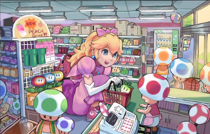 1girl 6+others ?_block backpack bag blonde_hair blooper_(mario) blue_toad_(mario) calilo cash_register character_charm charm_(object) dress fire_flower green_shell_(mario) green_toad_(mario) groceries highres ice_flower_(mario) kirby kirby_(series) mario mario_(series) multiple_others mushroom nintendo pink_dress princess_peach princess_peach:_showtime! red_toad_(mario) shoes shop smile sneakers squatting stella_(peach) super_mushroom super_star_(mario) toad_(mario) turnip_(mario) warp_pipe yellow_toad_(mario)