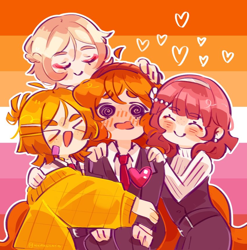 &gt;_&lt; 4girls :d @_@ ahoge belt black_belt black_jacket black_pants black_suit black_vest blonde_hair blunt_ends blush border borrowed_character collared_shirt dress_shirt earrings flag_background formal_clothes freckles hairband hands_on_another&#039;s_shoulders headpat heart highres hug ishmael_(project_moon) jacket jewelry lesbian_flag limbus_company long_hair makeup medium_hair multiple_girls necktie oc_x_canon off_shoulder open_mouth orange_hair original pants pink_hair project_moon red_necktie ribbed_sweater shirt short_hair sitting smile suit sweater thick_eyebrows turtleneck turtleneck_sweater vest wavy_mouth weinnoiserie white_border white_shirt white_sweater yellow_sweater yuri