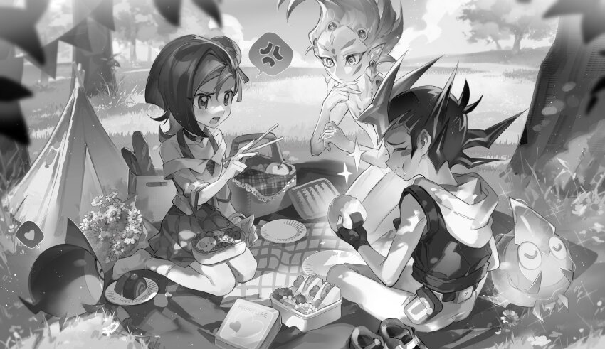 1girl 2boys absurdres anger_vein astral_(yu-gi-oh!) bare_shoulders chopsticks closed_eyes collarbone duel_monster food greyscale highres holding holding_chopsticks hood hoodie kuroyishi_raiko medium_hair mizuki_kotori_(yu-gi-oh!) monochrome multiple_boys onigiri picnic picnic_basket rainbow_kuriboh sparkle speech_bubble spiked_hair spoken_anger_vein tsukumo_yuma vest yu-gi-oh! yu-gi-oh!_zexal
