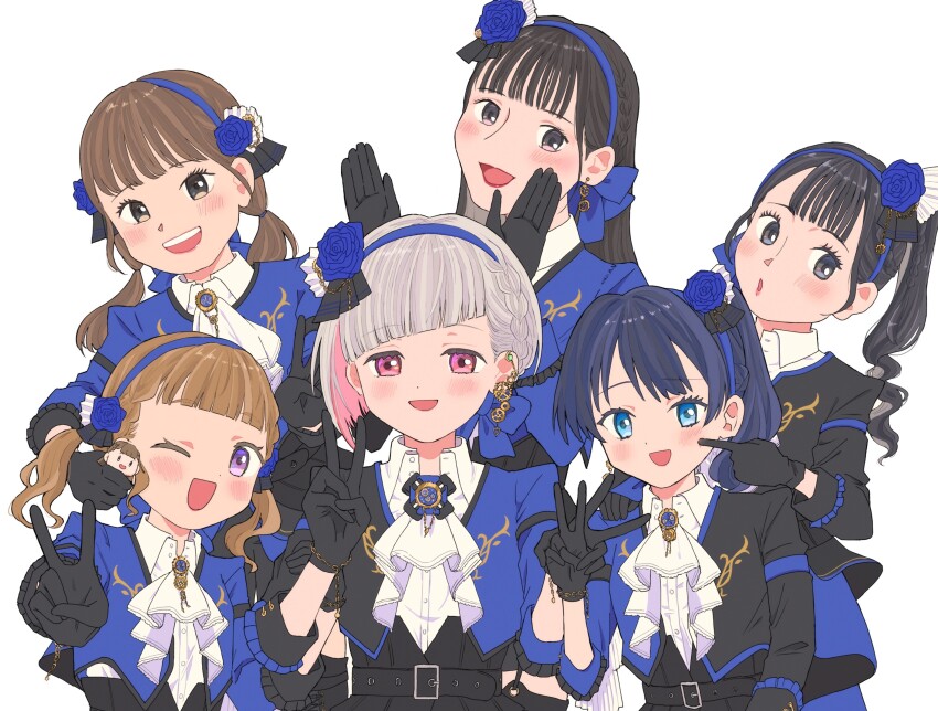 6+girls :d ;d absurdres animification ascot black_gloves black_hair black_jacket blue_eyes blue_flower blue_hair blue_jacket blue_rose blunt_bangs blush braid brown_hair center-flap_bangs character_doll cheek_poking collared_shirt colored_inner_hair commentary_request doll dollchestra dress_shirt earrings flower flower_hairband flower_stand_art frilled_ascot frills gear_earrings gloves grey_eyes grey_hair hayama_fuka highres holding holding_doll jacket jewelry kachimachi_kosuzu link!_like!_love_live! long_hair looking_at_viewer love_live! low_twintails multicolored_hair multicolored_jacket multiple_girls murano_sayaka nonaka_kokona one_eye_closed open_clothes open_jacket open_mouth pink_eyes pink_hair poking purple_eyes real_life rose sasaki_kotoko shirt short_hair side_braid side_braids side_ponytail simple_background single_earring smile teeth three-quarter_sleeves twintails two-tone_jacket upper_body upper_teeth_only v virtual_youtuber voice_actor voice_actor_connection white_(waterwhite) white_ascot white_background white_shirt yellow_eyes yugiri_tsuzuri