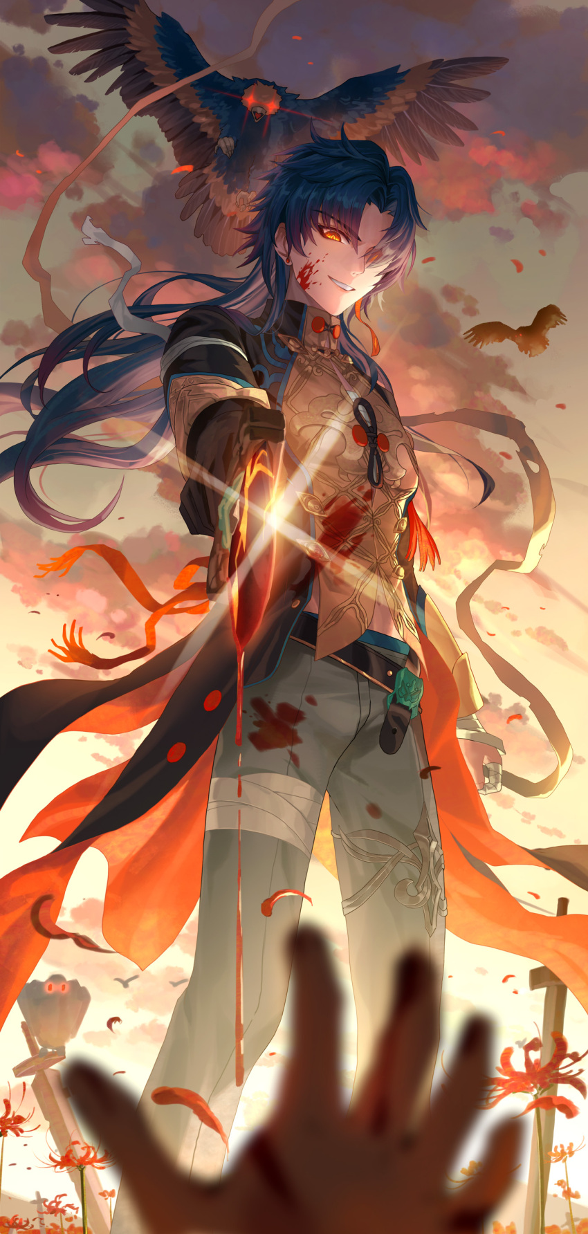 1boy absurdres armor bandaged_leg bandages belt bird black_belt black_jacket black_sleeves blade_(honkai:_star_rail) blood blood_drip blood_on_clothes blood_on_face bloody_weapon blue_hair bow bowtie breastplate buttons chinese_commentary cloud collared_jacket commentary_request cross dagger denim feet_out_of_frame flower gleam glowing glowing_eyes gradient_sky grey_pants grin hair_over_one_eye hebbtia highres holding holding_dagger holding_knife holding_weapon honkai:_star_rail honkai_(series) jacket jeans knife long_hair long_sleeves male_focus midriff outdoors pants pov reaching red_bow red_bowtie red_eyes red_flower red_jacket sky smile solo_focus spider_lily spread_wings sunset two-sided_fabric two-sided_jacket v-shaped_eyebrows vulture wavy_hair weapon yellow_sky
