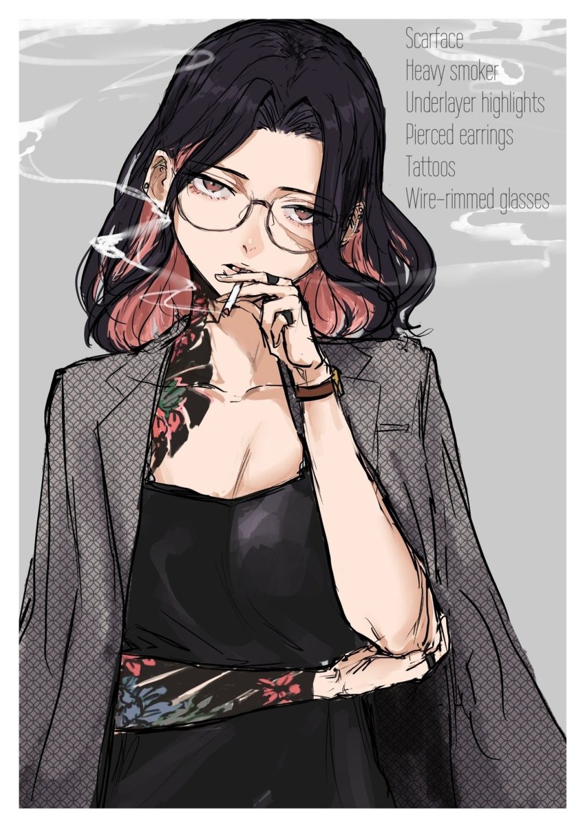 1girl black_hair breasts cigarette cleavage ear_piercing eshaku_(asifu-coffee) glasses grey_background highres holding holding_cigarette long_hair multicolored_hair original parted_lips piercing red_eyes rimless_eyewear simple_background smoke smoking solo tattoo two-tone_hair watch wristwatch