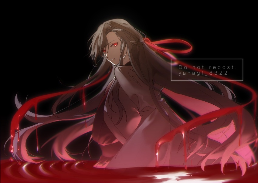 1boy black_background black_hair black_hanfu blood brown_hair chinese_clothes closed_mouth coat dripping floating_hair glowing glowing_eyes grey_coat gymnasium119 hair_down hair_ribbon half_updo hanfu highres long_hair long_sleeves looking_at_viewer looking_back male_focus modao_zushi official_alternate_costume official_alternate_hairstyle open_clothes open_coat partially_submerged pool_of_blood red_eyes red_ribbon ribbon robe sash solo twitter_username upper_body very_long_hair water watermark wei_wuxian wei_wuxian_(yiling_laozu) wide_sleeves
