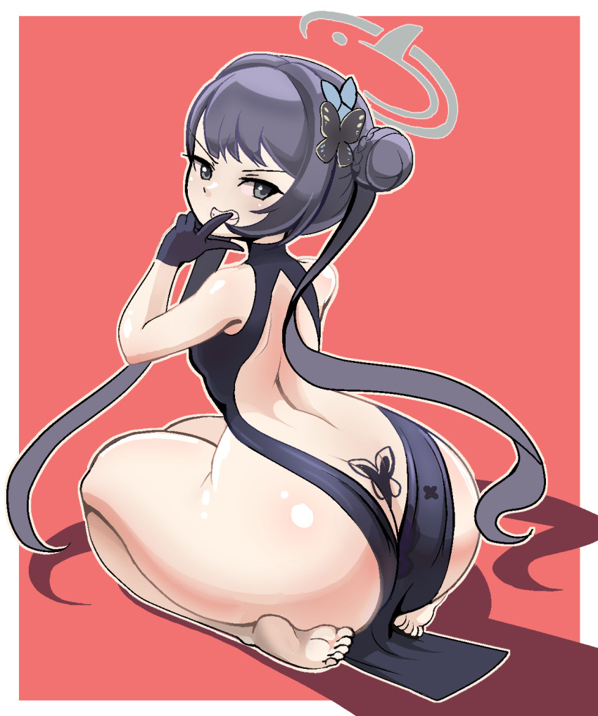 1girl ass black_eyes black_hair blue_archive blush double_bun ecchitrail female_focus gloves hair_bun highres huge_ass kisaki_(blue_archive) loli long_hair looking_back simple_background sitting smile solo solo_focus
