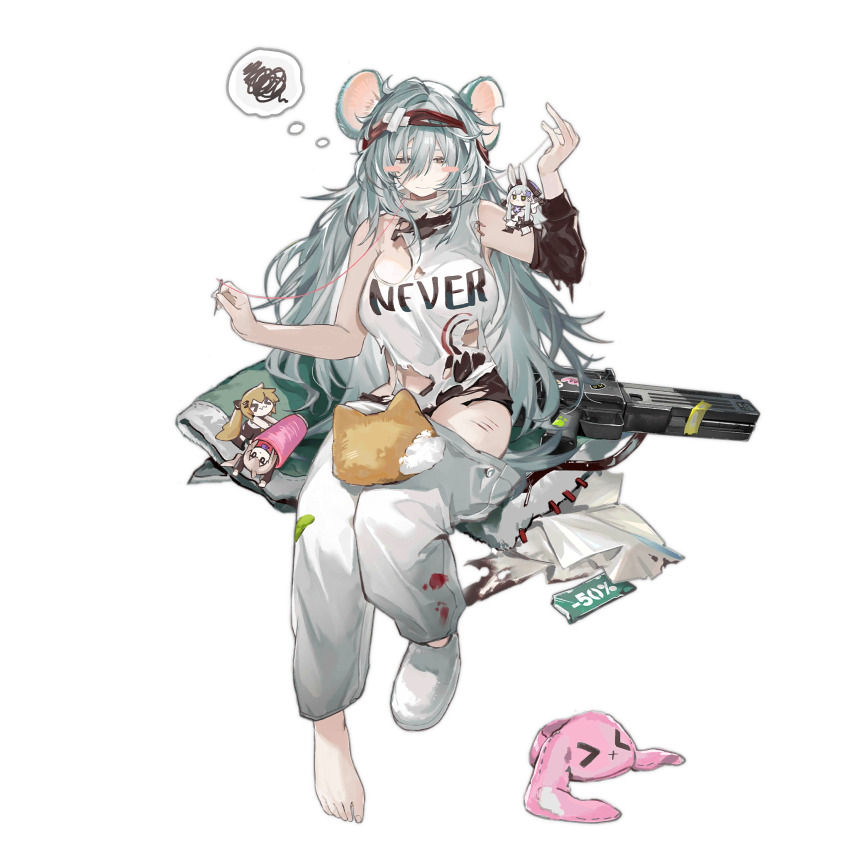 &gt;_&lt; 1girl :3 aged_up animal_ears animal_slippers assault_rifle asymmetrical_footwear blanket blush_stickers breasts brown_eyes bullpup bunny_slippers caseless_firearm cat-shaped_pillow character_doll clothes_pull clothes_writing crossed_bandaids cui_pi_zha_xia_qiu detached_sleeves feet full_body g11_(fluffy_dumptruck)_(girls&#039;_frontline) g11_(girls&#039;_frontline) girls&#039;_frontline green_blanket grey_hair gun h&amp;k_g11 hair_between_eyes headband highres hk416_(girls&#039;_frontline) hk416_(herbal-flavored_hard_candy)_(girls&#039;_frontline) holding_sewing_needle jitome kemonomimi_mode large_breasts long_hair mismatched_footwear mouse_ears notched_ear official_alternate_costume official_art pants pants_pull paw_print red_headband rifle sale shirt simple_background single_bare_foot single_detached_sleeve single_sleeve sitting slippers solo speech_bubble spoken_squiggle spool squiggle sticker third-party_source thought_bubble toes torn_clothes torn_shirt transparent_background ump45_(agent_lop_rabbit)_(girls&#039;_frontline) ump45_(girls&#039;_frontline) ump9_(girls&#039;_frontline) ump9_(shiba_investigator)_(girls&#039;_frontline) very_long_hair weapon x3
