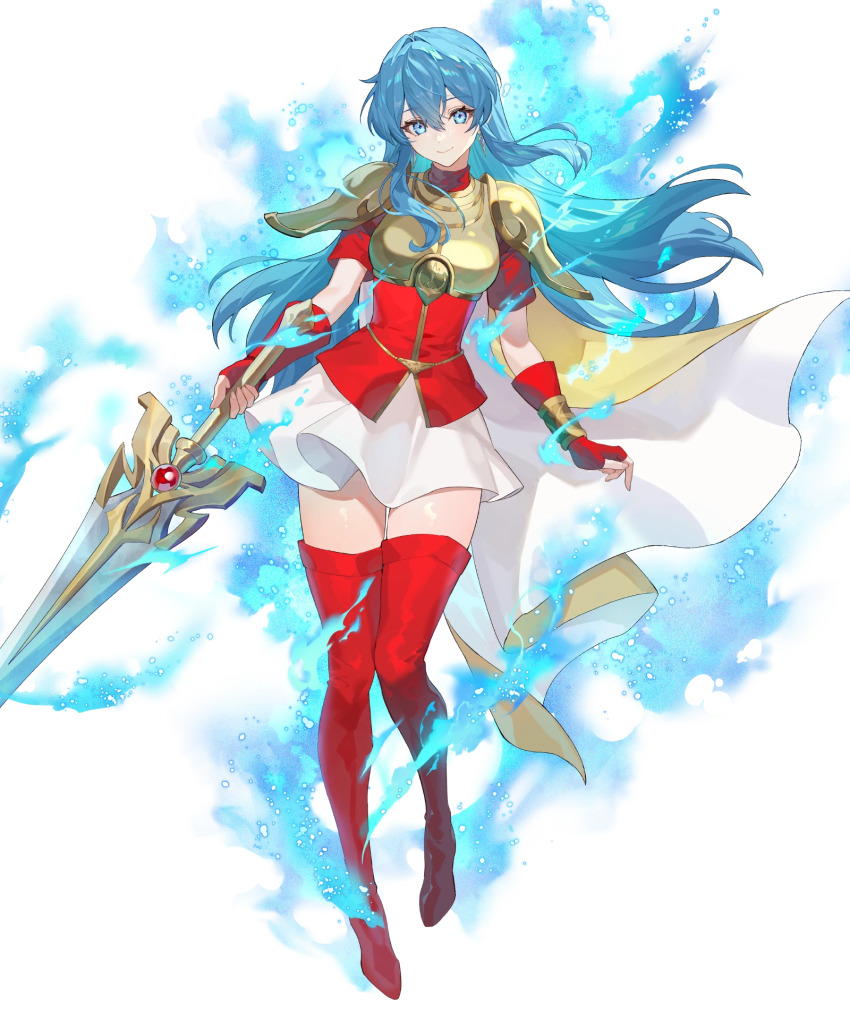 1girl aqua_eyes aqua_hair armor aura boots breastplate cape eirika_(emblem)_(fire_emblem) eirika_(fire_emblem) fingerless_gloves fire_emblem fire_emblem:_the_sacred_stones fire_emblem_engage fire_emblem_heroes gloves high_heel_boots high_heels highres holding holding_sword holding_weapon long_hair looking_at_viewer multicolored_cape nintendo non-web_source official_art red_gloves shoulder_pads skirt smile solo sword tachi-e teffish thigh_boots weapon white_cape white_skirt yellow_cape
