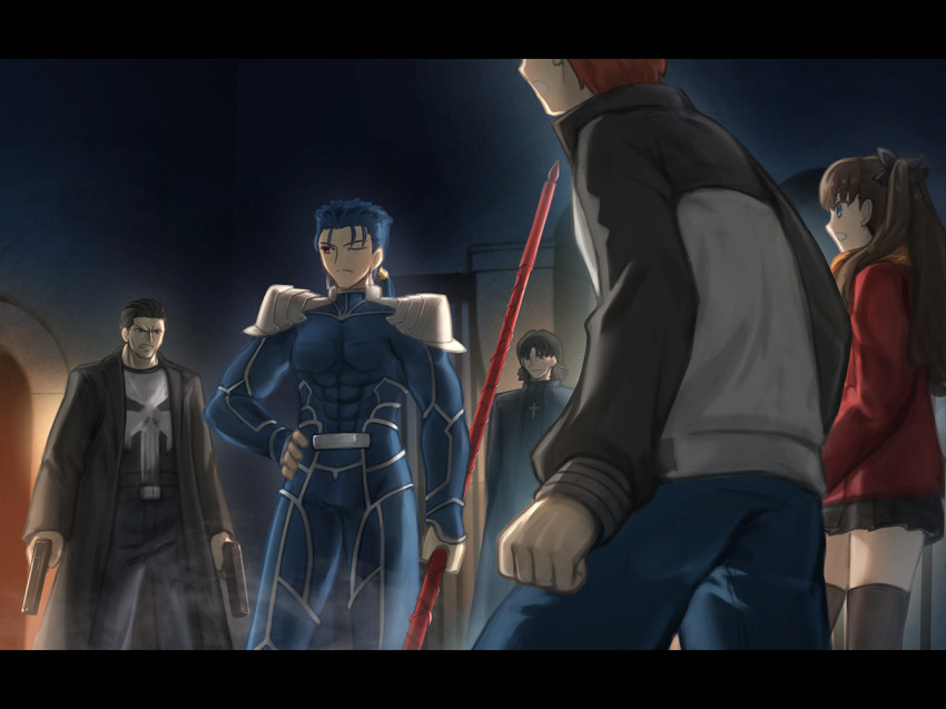 1girl 4boys armor arms_behind_back black_hair black_thighhighs blue_hair bodysuit brown_eyes brown_hair clenched_hand cross cross_necklace crossover cu_chulainn_(fate) cu_chulainn_(fate/stay_night) dual_wielding earrings emiya_shirou fate/stay_night fate_(series) gae_bolg_(fate) green_eyes gun hair_ribbon handgun holding holding_weapon jewelry kotomine_kirei long_hair long_sleeves male_focus marvel multiple_boys muscular muscular_male necklace orange_hair pants polearm ponytail red_eyes ribbon shirt shoori_(migiha) short_hair skirt skull_print smile spear takeuchi_takashi_(style) the_punisher_(character) thighhighs tohsaka_rin two_side_up weapon