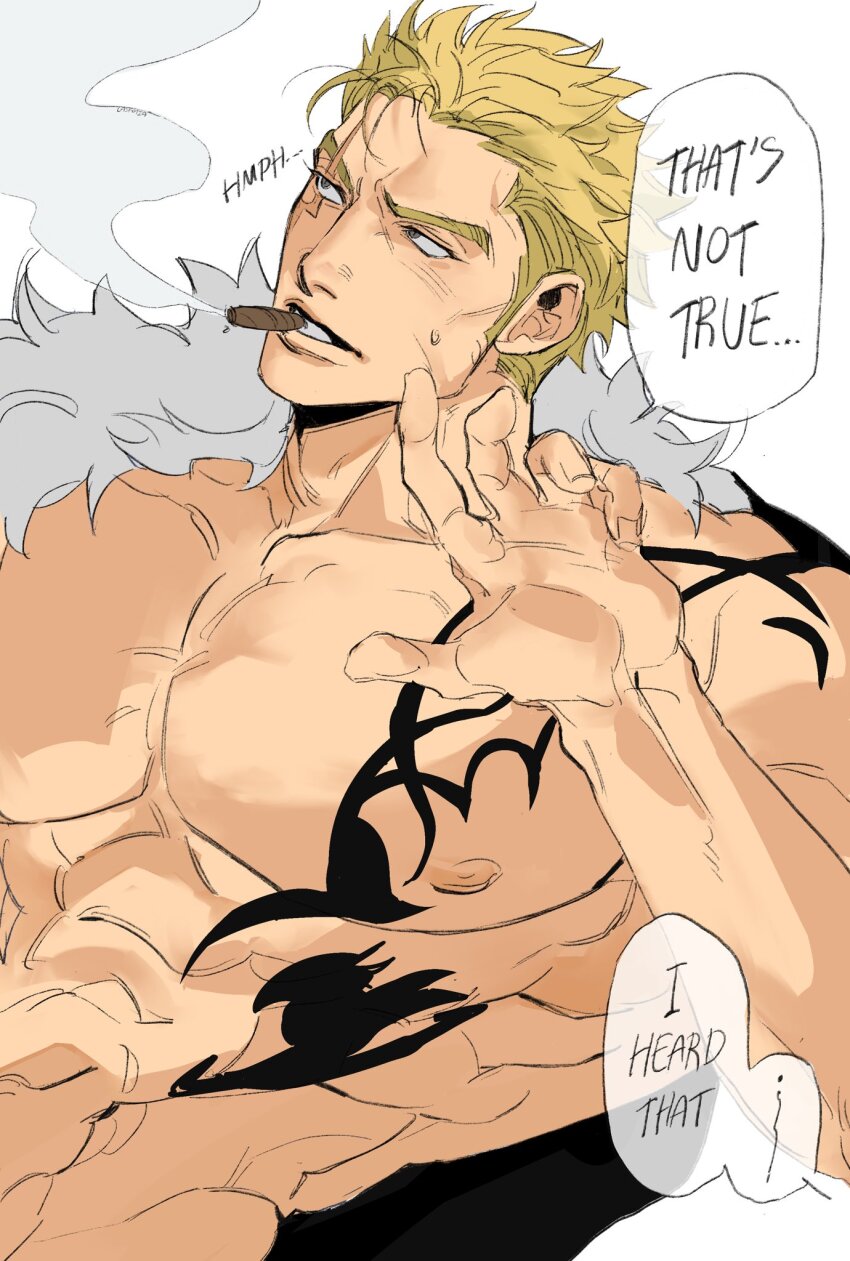 1boy abs bara blonde_hair chest_tattoo cigar commentary english_commentary english_text fairy_tail fur_trim hannacott_la highres large_pectorals laxus_dreyar male_focus muscular muscular_male nipples pectorals scar scar_across_eye scar_on_face sideburns smoke smoke_trail smoking speech_bubble tattoo topless_male upper_body