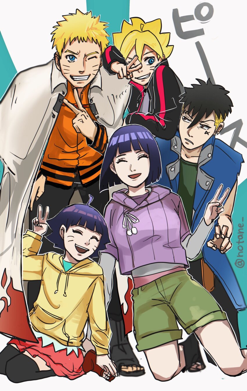 2girls 3boys adoptive_parent_and_adoptive_child adoptive_siblings bent_over black_hair black_thighhighs blonde_hair blue_eyes boots boruto:_naruto_next_generations breasts brothers cape commentary_request cropped_hoodie facial_mark family father_and_daughter father_and_son grin highres hood hoodie husband_and_wife hyuuga_hinata kawaki_(boruto) kneeling large_breasts male_focus miniskirt mother_and_daughter mother_and_son multicolored_hair multiple_boys multiple_girls naruto_(series) notane_n on_one_knee one_eye_closed open-toe_boots open-toe_shoes purple_hair red_skirt short_hair siblings sitting skirt smile thighhighs twitter_username two-tone_hair undercut uzumaki_boruto uzumaki_himawari uzumaki_naruto v white_cape yellow_hoodie yokozuwari