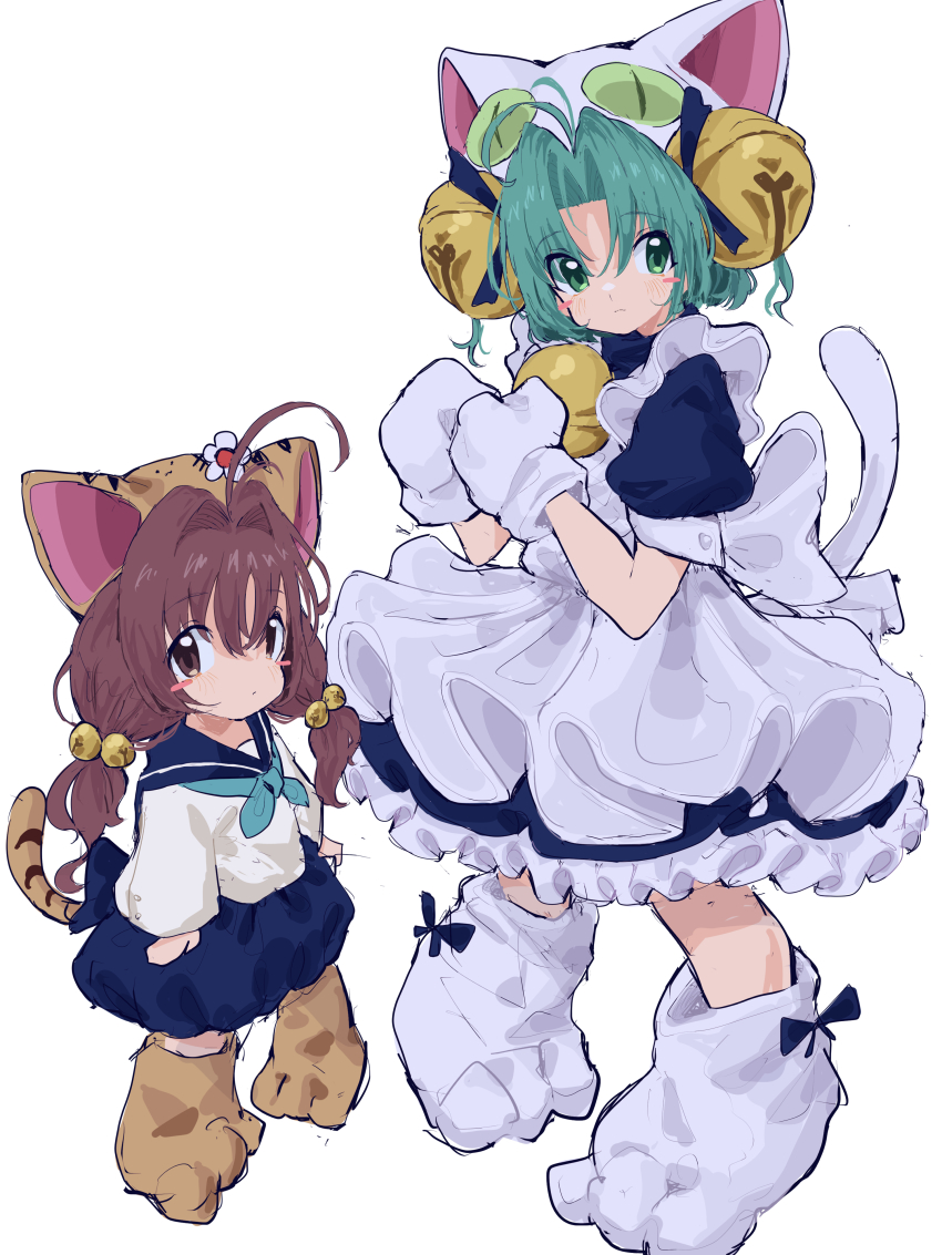2girls absurdres ahoge animal_hands antenna_hair bell blush_stickers brown_hair cat_tail closed_mouth dejiko di_gi_charat dress full_body green_eyes green_hair hair_bell hair_ornament highres looking_at_viewer mittens mugi_(mugimugi_9kv) multiple_girls puchiko short_sleeves simple_background tail white_background white_dress white_mittens
