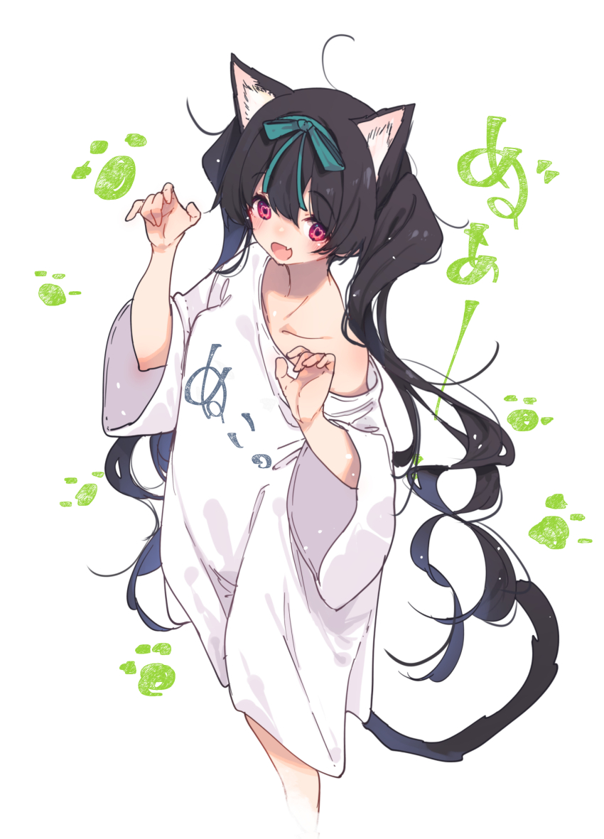 1girl :d animal_ears black_hair blush breasts cat_ears claw_pose clothes_writing collarbone fang feet_out_of_frame hamayumiba_sou heart heart_in_eye highres kemonomimi_mode long_hair looking_at_viewer loose_hair_strand midori_hemo ochikobore_fruit_tart off_shoulder open_mouth oversized_clothes oversized_shirt paw_print shirt simple_background skin_fang three-quarter_sleeves small_breasts smile solo standing symbol_in_eye translation_request twintails very_long_hair white_background white_shirt wide_sleeves