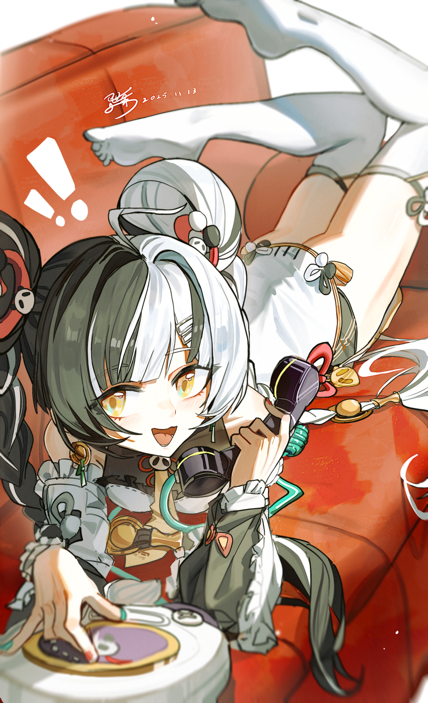 ! !! 1girl :d absurdres ahoge aqua_nails bare_shoulders black_hair blurry blurry_background blush braid braided_twintails china_dress chinese_clothes chinese_commentary collarbone commentary corded_phone couch covered_collarbone dated dialyn_(zenless_zone_zero) dress hair_ornament hair_rings hairclip highres holding holding_phone long_hair looking_to_the_side lower_teeth_only lying multicolored_hair multicolored_nails necktie on_couch on_stomach open_mouth panda_hair_ornament phone red_nails signature smile solo split-color_hair talking_on_phone teeth thighhighs white_hair white_thighhighs wire yellow_eyes yellow_necktie yisjhui zenless_zone_zero
