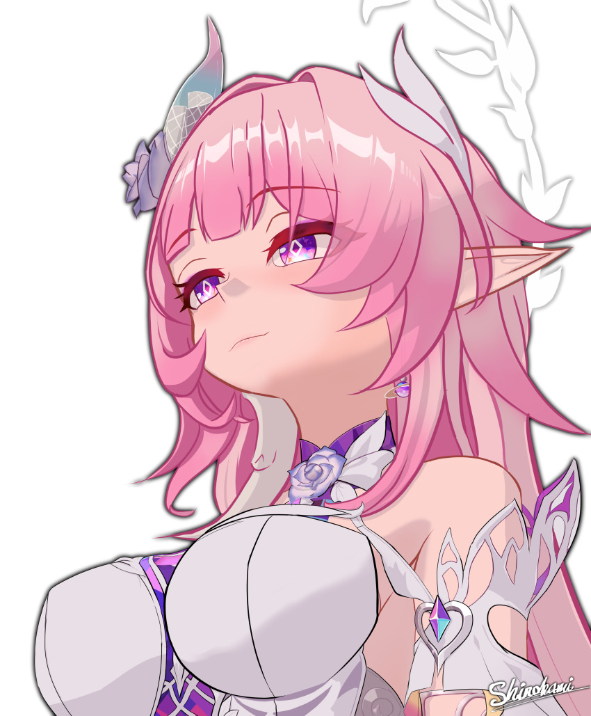 1girl absurdres artist_name bare_shoulders bilingual_commentary breasts commentary cyrene_(honkai:_star_rail) cyrene_(ripples_of_past_reverie)_(honkai:_star_rail) diamond-shaped_pupils diamond_(shape) dress english_commentary flower hair_flower hair_ornament halo haoyitay highres honkai:_star_rail honkai_(series) large_breasts long_hair looking_up meme mixed-language_commentary pink_hair pointy_ears purple_eyes simple_background solo symbol-shaped_pupils upper_body upward_angle_frieren_drawing_(meme) very_long_hair white_background white_dress white_hair