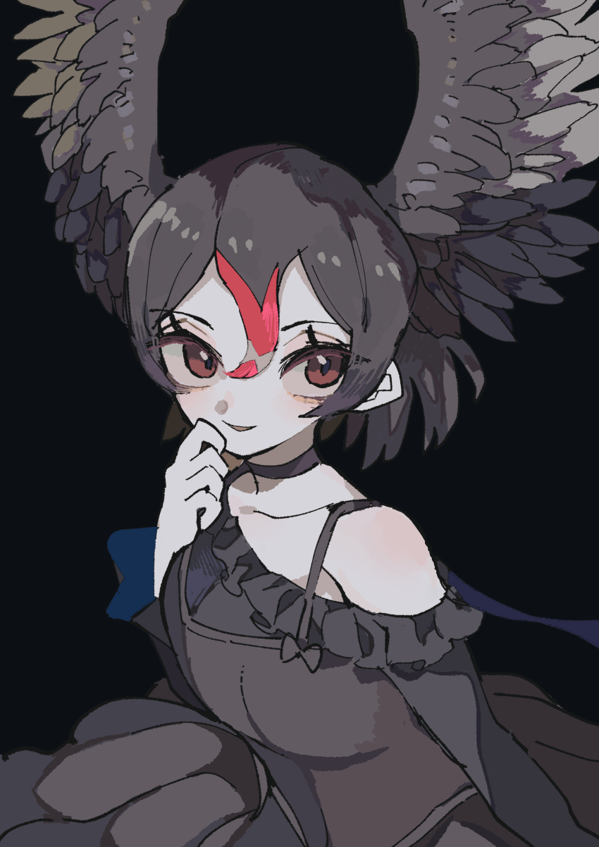 1girl absurdres bird_girl bird_wings black_background black_dress black_hair black_swan_(kemono_friends) brown_eyes choker dress feathered_wings head_wings highres kanmoku-san kemono_friends looking_at_viewer multicolored_hair red_hair short_hair simple_background solo upper_body wings
