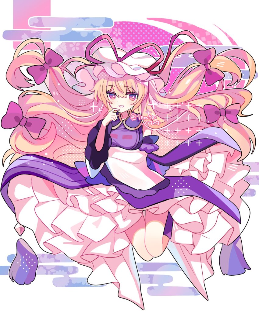 1girl apron blonde_hair bow dress egasumi frilled_apron frills hair_between_eyes hair_bow hat hat_ribbon highres layered_dress mob_cap multicolored_eyes pink_bow purple_dress purple_socks red_ribbon ribbon shirocha_tei smile socks solo teeth touhou twitter_username white_apron yakumo_yukari