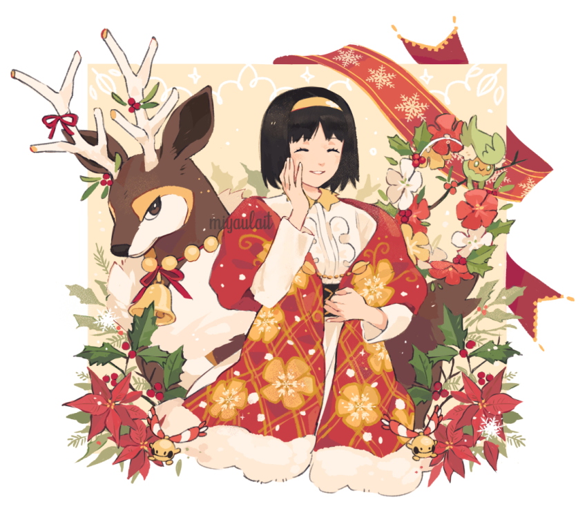 1girl artist_name beads black_hair chingling christmas closed_eyes closed_mouth comfey commentary english_commentary erika_(holiday_2020)_(pokemon) erika_(pokemon) eyelashes flower fur_(clothing) gen_4_pokemon gen_5_pokemon gen_7_pokemon hairband holly miyaulait nintendo official_alternate_costume parted_bangs parted_lips pokemon pokemon_(creature) pokemon_masters_ex red_flower red_ribbon ribbon sawsbuck sawsbuck_(winter) smile watermark yellow_hairband