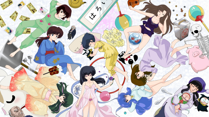 2boys 6+girls ball bandana blue_hair brown_eyes brown_hair coin cologne_(ranma_1/2) disguise closed_eyes eyeshadow fish flower green_pajamas happosai hat hibiki_ryouga holding_person holed_coin hoop hula_hoop japanese_clothes katsunishiki kettle kimono kunou_kodachi kuonji_ukyou long_hair makeup mousse_(ranma_1/2) multiple_boys multiple_girls ninomiya_hinako p-chan pajamas pig pink_sash puppet ranma_1/2 red_eyes ribbon rose saotome_ranma sash see-through_clothes shampoo_(ranma_1/2) skeleton spatula suika_(swimy0pe0u_u0s) tendou_akane tendou_kasumi tendou_nabiki unryuu_akari