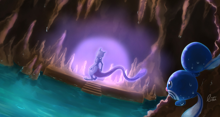 aura cave cave_interior commentary_request facing_away gen_1_pokemon in-universe_location lai_(pixiv1814979) lake legendary_pokemon mewtwo nintendo no_humans pokemon pokemon_(creature) poliwag ripples signature stairs stalactite stalagmite standing wet