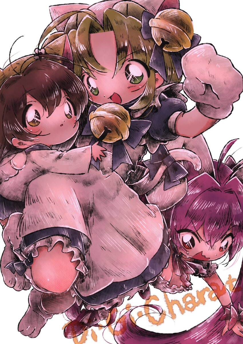 3girls animal_hat apron bell blush brown_eyes brown_hair cat_hat copyright_name dejiko di_gi_charat hat highres hug jingle_bell mittens multiple_girls open_mouth puchiko puffy_short_sleeves puffy_sleeves red_eyes short_hair short_sleeves simple_background tripping usada_hikaru white_apron white_background white_mittens zudzuki