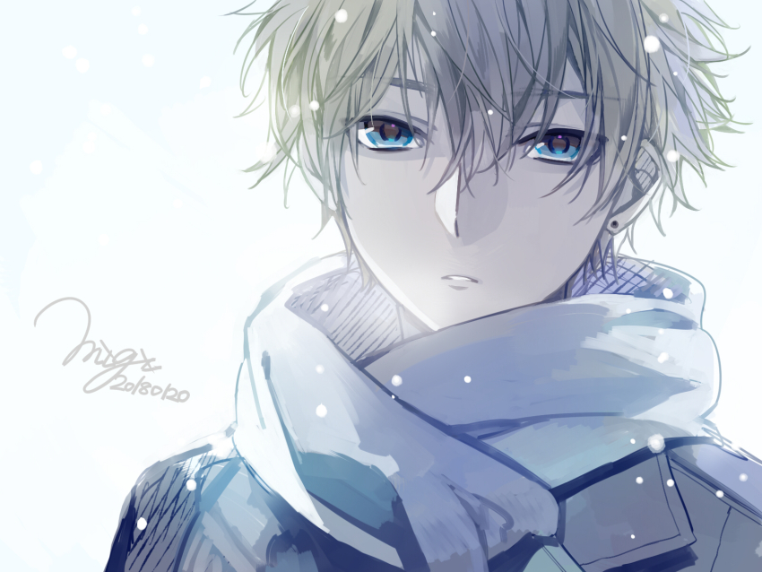 1boy blue_eyes commentary dated earrings eyes_visible_through_hair grey_hair grey_jacket hair_between_eyes highres jacket jewelry looking_at_viewer male_focus matsunaka_hiro original portrait scarf short_hair signature simple_background snowing solo stud_earrings white_background white_scarf
