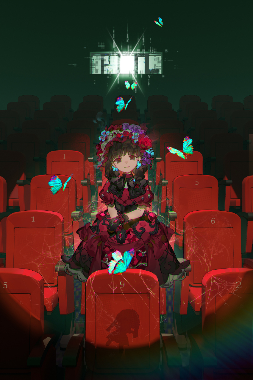1girl absurdres black_eyes black_gloves black_hair blue_flower bug butterfly chinese_commentary commentary_request dark dress flower frilled_dress frilled_hairband frills glint gloves hairband hand_on_own_wrist highres horror_(theme) identity_v indoors insect le_fu_qiu long_hair looking_at_viewer memory_(identity_v) memory_(miss_pomegranate_plate)_(identity_v) movie_theater puffy_short_sleeves puffy_sleeves purple_flower red_dress short_sleeves silk smile solo spider_web standing theater_seating window