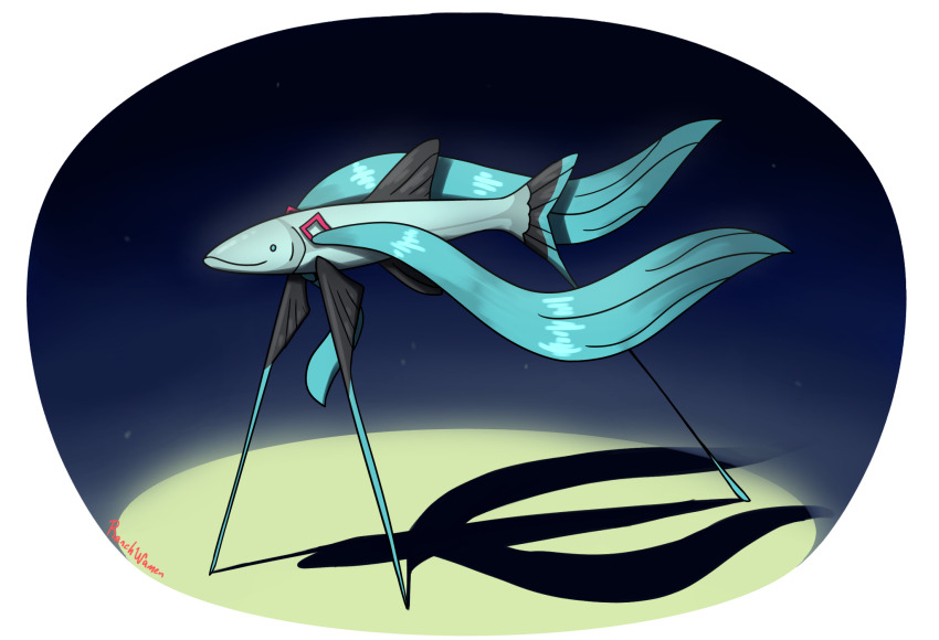 animal animalization aqua_hair commentary english_commentary fins fish fishyfishyfishtimes full_body hair_ornament hatsune_miku highres no_humans smile solo transparent_background tripod_fish twintails vocaloid worldwide_miku