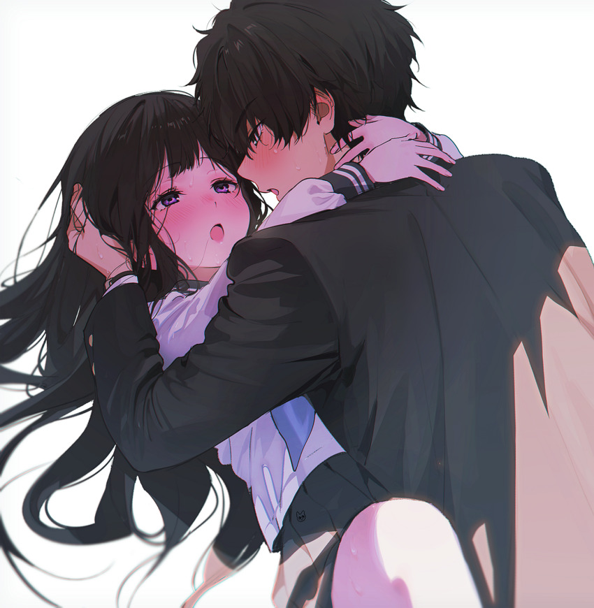 1boy 1girl black_hair black_jacket blush chitanda_eru eye_contact facing_another gakuran hair_spread_out hand_on_another&#039;s_head hetero highres hug hyouka jacket long_sleeves looking_at_another mery_(yangmalgage) nose_blush oreki_houtarou purple_eyes school_uniform serafuku shirt simple_background sweat white_background white_shirt