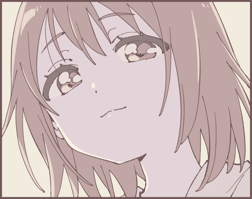 1girl :3 black_border border brown_eyes brown_hair brown_shirt closed_mouth from_below grey_background highres light_smile looking_at_viewer namori original shade shirt short_hair simple_background solo