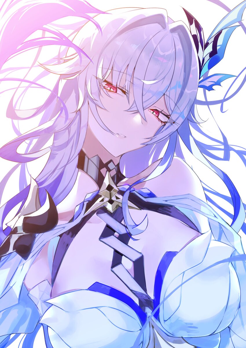 1girl absurdres bare_shoulders breasts collarbone commentary crossed_bangs floating_hair genshin_impact hair_between_eyes hair_intakes hair_ornament highres large_breasts long_hair looking_at_viewer parted_lips pink_eyes sas_(ls08b) skirk_(genshin_impact) smile solo upper_body white_hair