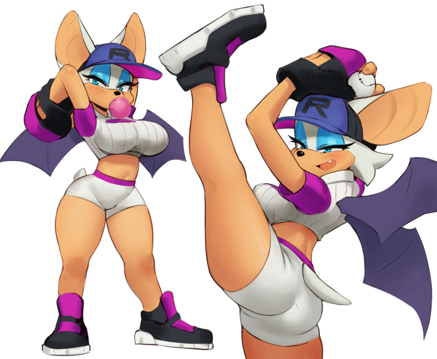 1girl animal_ears ass ball baseball_(object) baseball_cap bat_ears bat_girl bat_wings blowing_bubbles blush breasts dark_skin furry furry_female gloves hat large_breasts leg_up makeup navel pitching rouge_the_bat shoes shorts simple_background smile sonic_(series) sonic_the_hedgehog stomach white_shorts wings woolrool