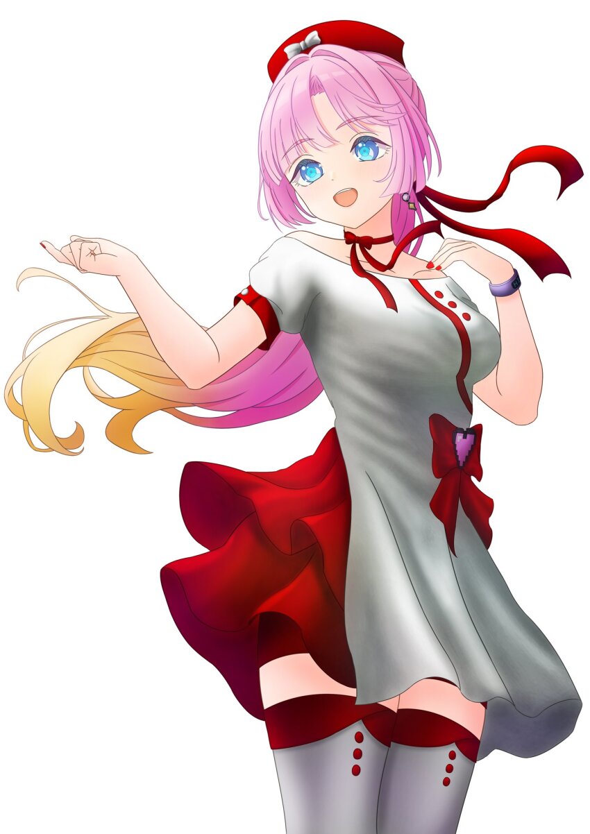 1girl :d alt_text anyoji_hime bare_shoulders blonde_hair blue_eyes blunt_bangs blush boots breasts collarbone commentary_request cowboy_shot dress frilled_dress frills gradient_hair hair_intakes hair_ribbon hands_up hat highres kara_iroha link!_like!_love_live! long_hair love_live! medium_breasts miracreation/elegance multicolored_hair off-shoulder_dress off_shoulder open_mouth pink_hair ponytail puffy_short_sleeves puffy_sleeves red_hat red_ribbon red_shorts ribbon short_dress short_shorts short_sleeves shorts shorts_under_dress sidelocks simple_background smile solo standing swept_bangs teeth thigh_boots upper_teeth_only very_long_hair virtual_youtuber white_background white_boots white_dress