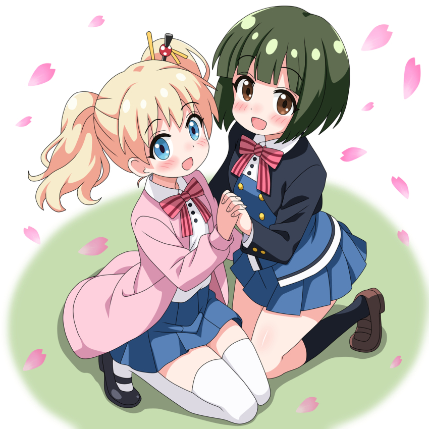 2girls alice_cartelet blonde_hair blue_eyes blue_skirt blush brown_eyes cherry_blossoms falling_petals female_focus full_body green_hair hair_ornament highres holding holding_hands kin-iro_mosaic long_sleeves looking_at_viewer multiple_girls oomiya_shinobu open_clothes open_mouth open_sweater petals pink_sweater ribbon sakuzo school_uniform shirt shoes short_hair skirt sweater thighhighs white_shirt white_thighhighs zettai_ryouiki