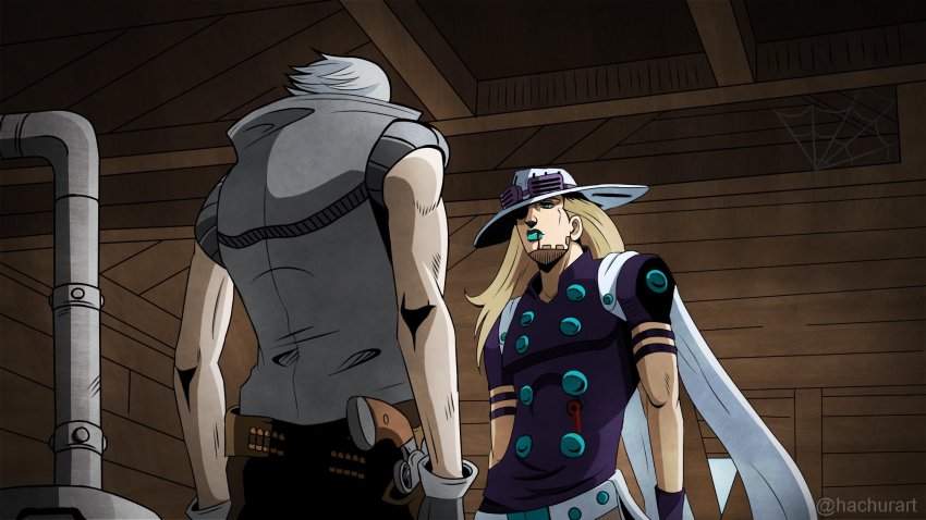 2boys alternate_color blonde_hair grey_hair gun gyro_zeppeli hachuart handgun highres jojo_no_kimyou_na_bouken long_hair looking_at_another multiple_boys official_style pistol ringo_roadagain short_hair silk spider_web stare_down steel_ball_run twitter_username weapon