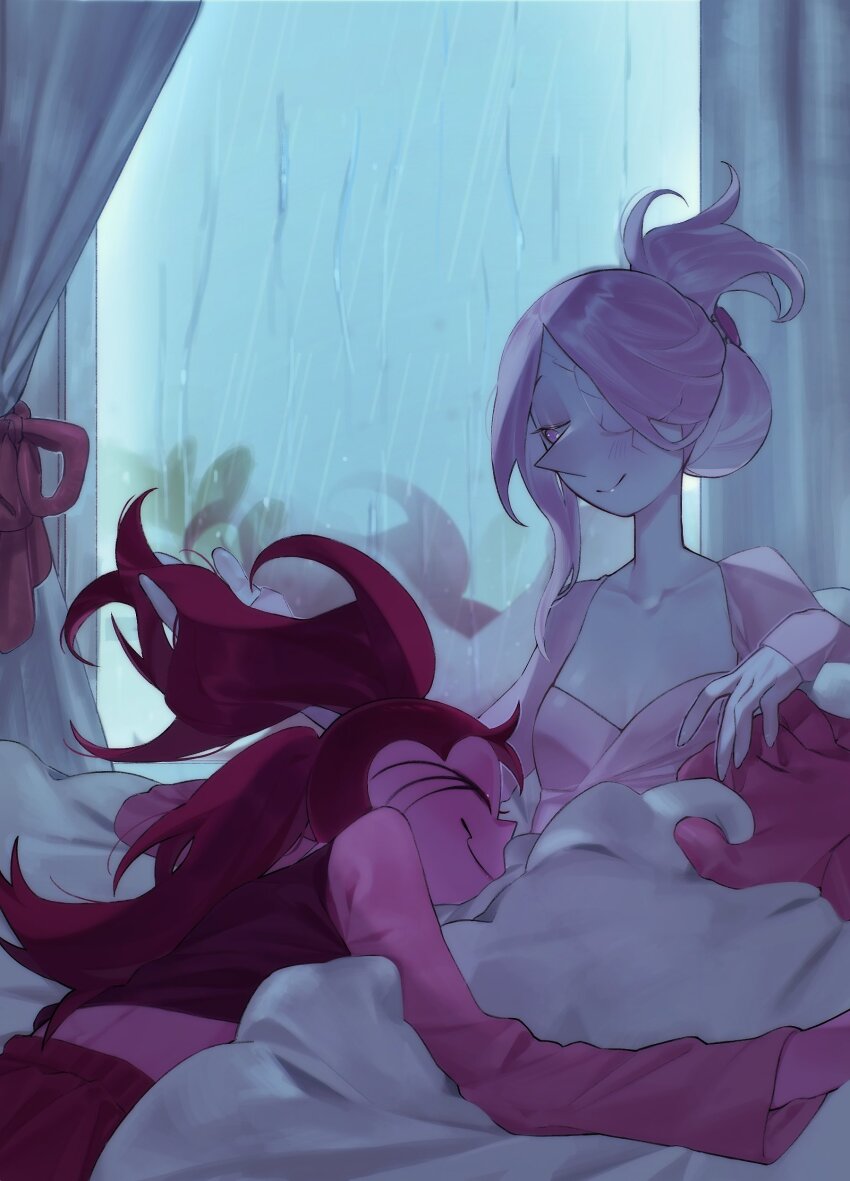 2girls absurdres bed blush breasts closed_eyes collarbone colored_skin cracked_skin curtains eyepatch half-closed_eyes happame happy highres indoors long_hair looking_at_another lying multiple_girls on_bed one_eye_covered pajamas pillow pink_hair pink_pajamas pink_pearl_(steven_universe) pink_skin playing_with_another&#039;s_hair ponytail red_hair sleeping smile spinel_(steven_universe) steven_universe twintails