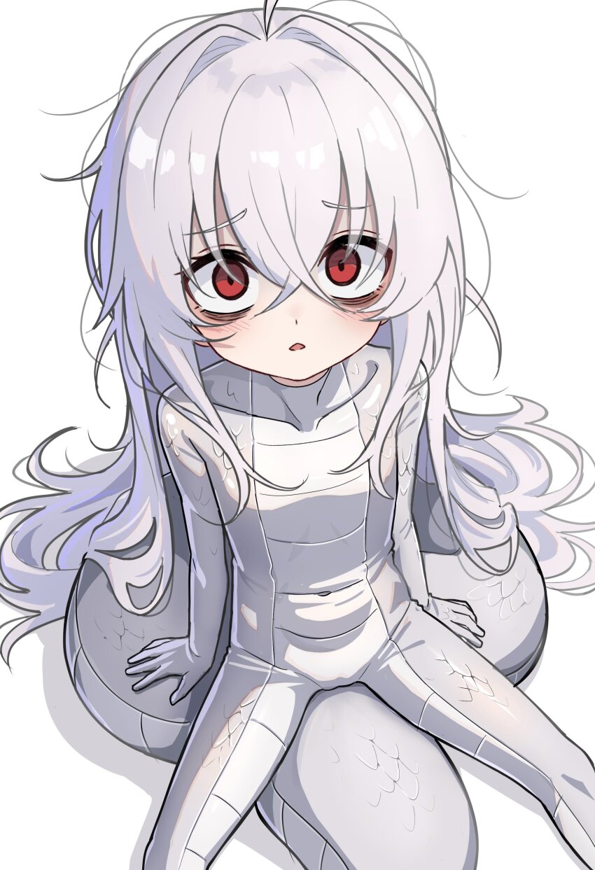 1girl 2025 absurdres animal_costume bags_under_eyes bodysuit chinese_zodiac eha7y flat_chest hair_between_eyes highres long_hair navel original red_eyes snake snake_costume snake_tail spread_legs tail wasabi-chan_(eha7y) white_hair white_snake year_of_the_snake