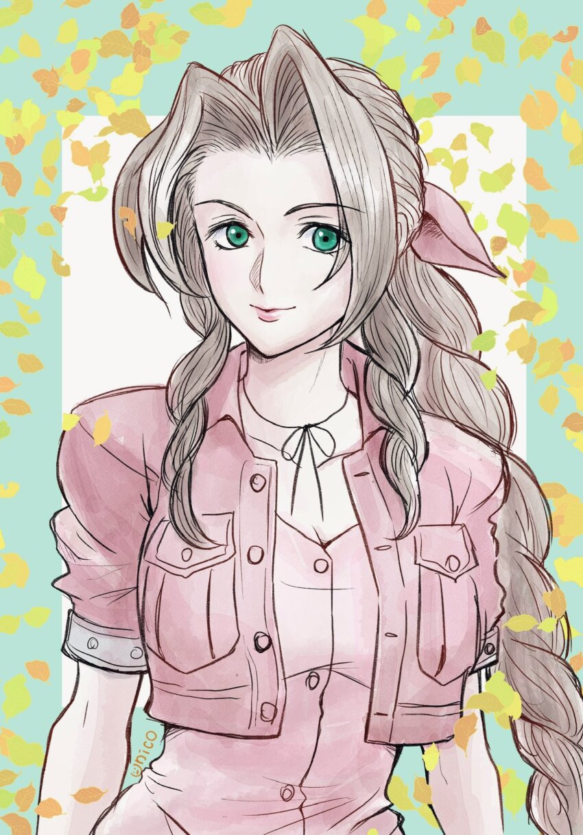 1girl aerith_gainsborough braid braided_ponytail breasts brown_hair choker cleavage closed_mouth cropped_jacket dress falling_leaves final_fantasy final_fantasy_vii green_eyes hair_ribbon highres jacket leaf light_smile long_hair medium_breasts parted_bangs pink_dress pink_ribbon puffy_short_sleeves puffy_sleeves red_jacket ribbon ribbon_choker sdsbtfl short_sleeves sidelocks single_braid solo upper_body