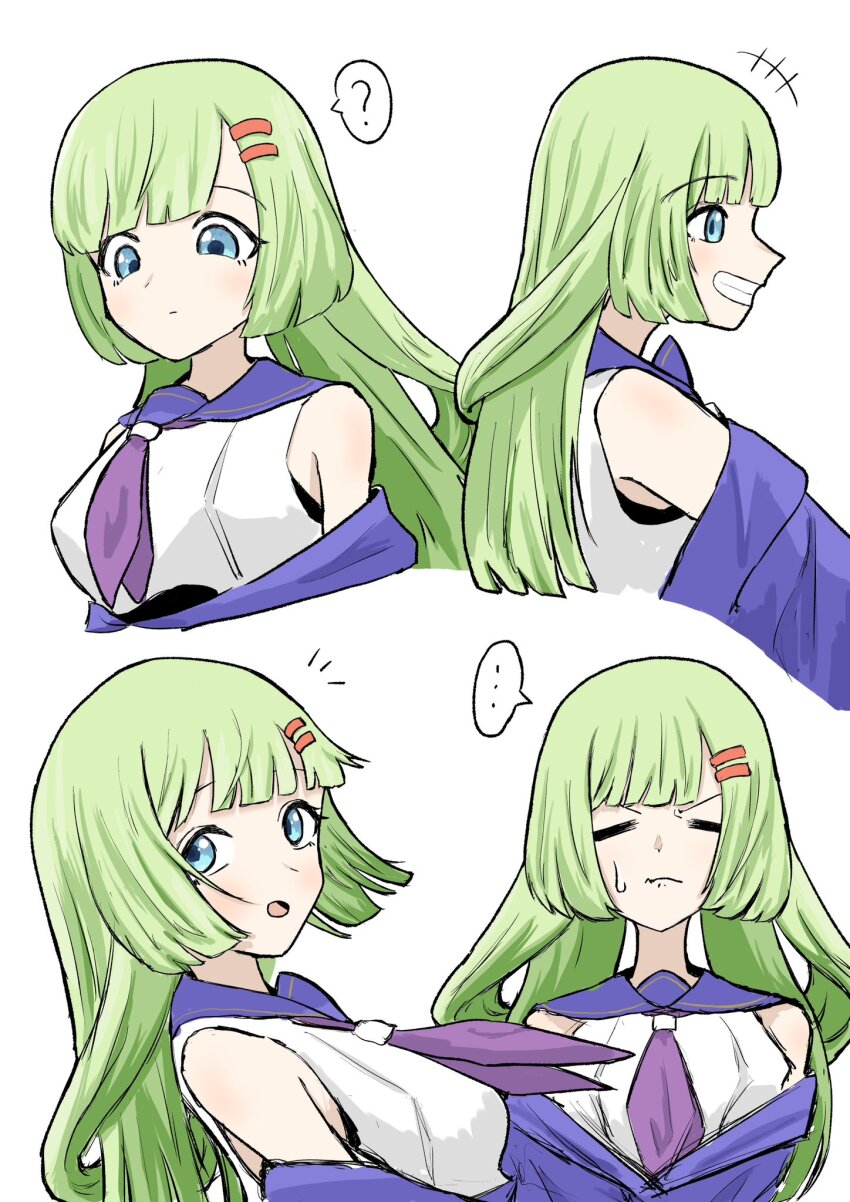 +++ ... 1girl =_= ? arms_at_sides assault_lily bare_shoulders blue_eyes blunt_bangs blush breasts closed_eyes closed_mouth commentary_request cropped_torso facing_viewer from_side green_hair grin hair_ornament hairclip highres jacket kawabata_hotaru long_hair looking_ahead looking_at_viewer looking_down looking_to_the_side medium_breasts multiple_views neckerchief notice_lines odaiba_girls_high_school_uniform off_shoulder parted_lips profile purple_jacket purple_neckerchief purple_sailor_collar sailor_collar school_uniform serafuku shirt simple_background sleeveless sleeveless_shirt smile speech_bubble spoken_ellipsis spoken_question_mark sweatdrop v-shaped_eyebrows washi-san white_background white_shirt