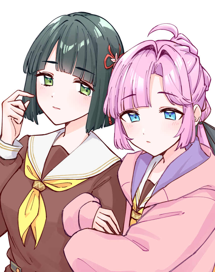 2girls :/ :| ahoge anyoji_hime arm_hug black_hair black_ribbon blue_eyes blunt_bangs blunt_ends blunt_sidelocks blush bob_cut breasts brown_dress closed_mouth commentary dress flower flower_knot green_eyes hair_flower hair_intakes hair_ornament hair_ribbon hasu_no_sora_school_uniform highres hood hooded_jacket jacket link!_like!_love_live! long_hair long_sleeves love_live! medium_breasts momose_ginko multi-tied_hair multiple_girls neckerchief open_clothes open_jacket pink_hair pink_jacket ponytail ribbon sailor_collar sailor_dress school_uniform scratching_cheek short_hair sidelocks simple_background swept_bangs symbol-only_commentary upper_body virtual_youtuber white_background white_sailor_collar winter_uniform yellow_neckerchief yuri zangemiya