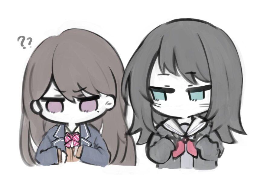 2girls ? ?? asahina_mafuyu asahina_mafuyu_(cosplay) bang_dream! bang_dream!_it&#039;s_mygo!!!!! black_cardigan black_hair blue_eyes blue_jacket bow bowtie brown_cardigan brown_hair cardigan cheschorv commentary cosplay jacket kamiyama_high_school_uniform_(project_sekai) long_hair long_sleeves medium_hair miyamasuzaka_girls&#039;_academy_school_uniform mole mole_under_eye multiple_girls neckerchief open_cardigan open_clothes pink_bow pink_bowtie project_sekai purple_eyes red_neckerchief sailor_collar school_uniform serafuku shiina_taki shinonome_ena shinonome_ena_(cosplay) simple_background upper_body white_background white_sailor_collar yahata_umiri