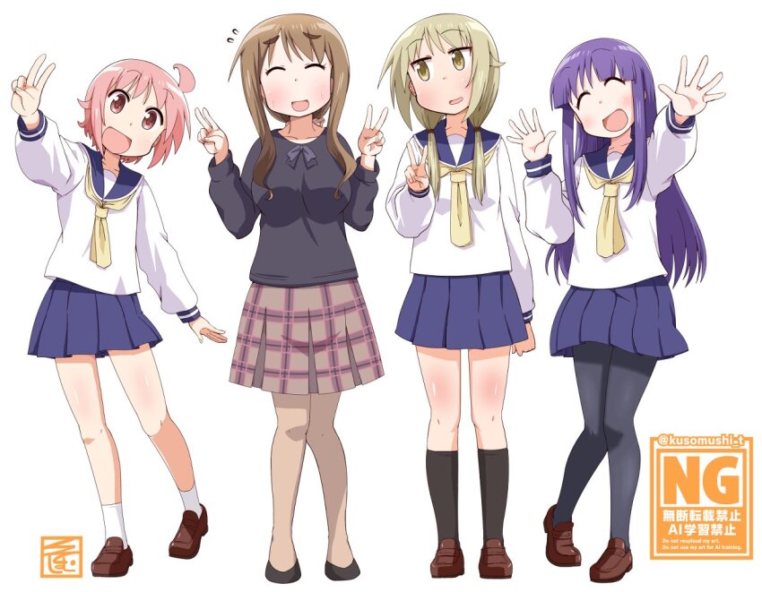 4girls ahoge aikawa_chiho blonde_hair blush breasts brown_hair closed_eyes flat_chest hinata_yukari ichii_yui ki_(adotadot) kneehighs large_breasts long_hair multiple_girls nonohara_yuzuko pantyhose pink_eyes pink_hair purple_hair school_uniform short_hair sidelocks skirt small_breasts socks sweater twintails v white_background yellow_eyes yuyushiki