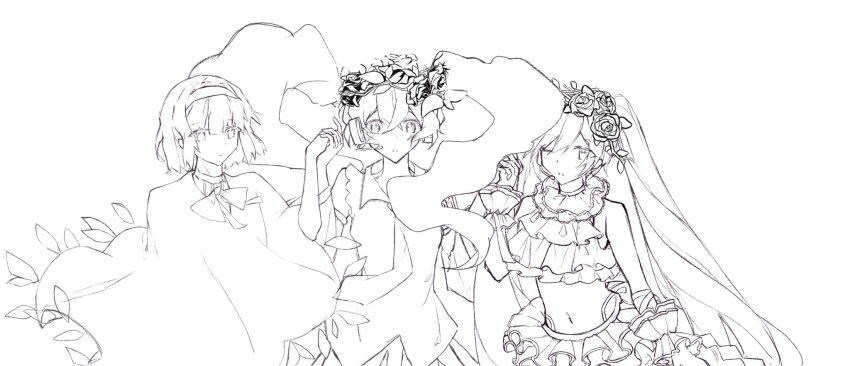 1boy 2girls date_a_live flower hair_flower hair_ornament highres itsuka_shidou multiple_girls n.(pl) sonogami_rinne