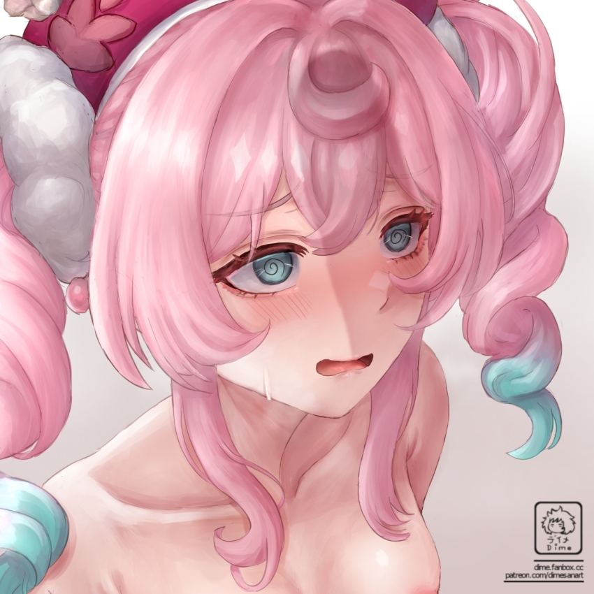 1boy 1girl @_@ aqua_eyes aqua_hair collarbone commentary_request dime-san fellatio grey_background hetero highres honkai:_star_rail honkai_(series) hyacine_(honkai:_star_rail) imminent_fellatio medium_hair open_mouth oral paid_reward_available penis_awe penis_shadow red_hair simple_background sweatdrop topless_female twintails