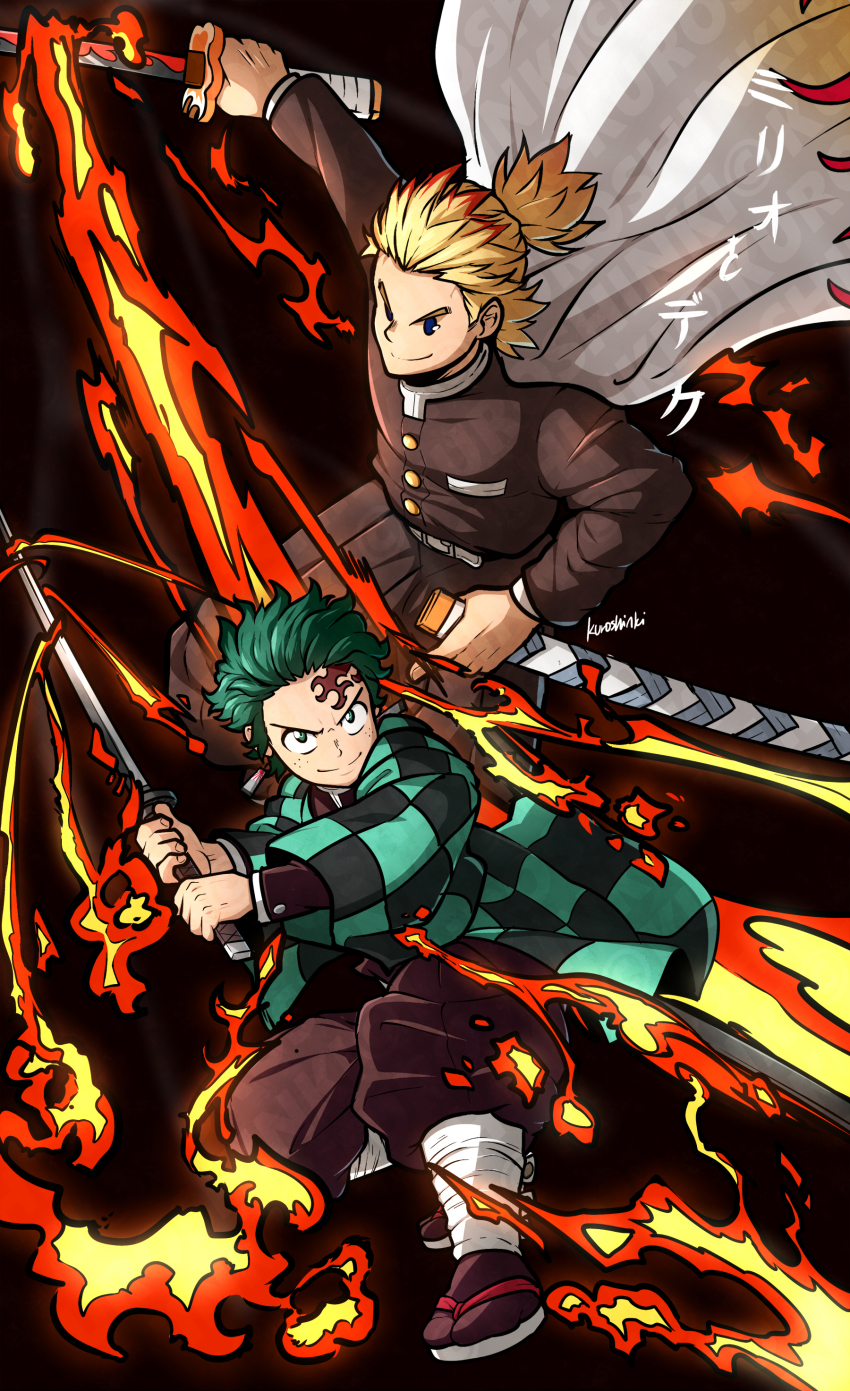 2boys absurdres alternate_costume blonde_hair blue_eyes boku_no_hero_academia cape cosplay crossover fighting_stance fire freckles green_eyes green_hair highres kamado_tanjirou kamado_tanjirou_(cosplay) katana kimetsu_no_yaiba kuroshinki male_focus midoriya_izuku multiple_boys rengoku_kyoujurou rengoku_kyoujurou_(cosplay) short_hair smile sword togata_mirio weapon