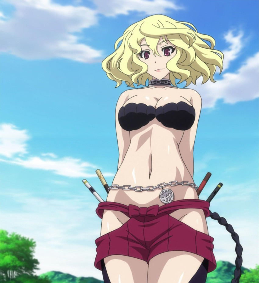 1girl anime_screenshot bare_shoulders blonde_hair bra breasts chain cleavage cloud day female_focus from_below hakama hakama_pants hakama_shorts highres japanese_clothes large_breasts looking_down medal medallion midriff mitsuki_(mushibugyou) mushibugyou navel no_panties non-web_source pants red_eyes shorts sky solo stitched third-party_edit tree underwear wavy_hair