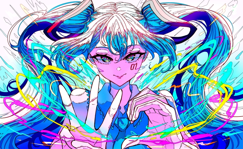 39 abstract abstract_background aqua_hair aqua_necktie artdroiiid_ii cheek_tattoo closed_mouth collared_shirt colorful commentary double-parted_bangs english_commentary finger_counting floating_hair hair_between_eyes hair_ribbon hands_up hatsune_miku highres long_bangs long_hair looking_at_viewer multicolored_eyes necktie number_tattoo outstretched_hand palms ribbon shirt sidelocks sleeveless sleeveless_shirt smile straight-on striped_ribbon tattoo twintails upper_body very_long_hair vocaloid