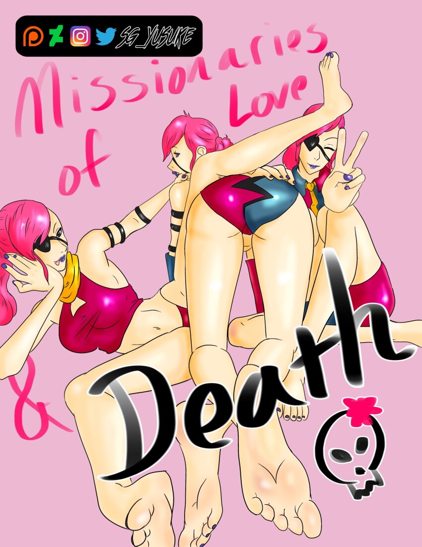 3girls artist_name ass bike_shorts body_blush breasts eyepatch feet foot_focus highres jet_set_radio jet_set_radio_future large_breasts lipstick long_hair love_shockers makeup midriff multiple_girls nail_polish navel pink_hair ponytail sega sg_yusuke smile soles text_focus thong toes v