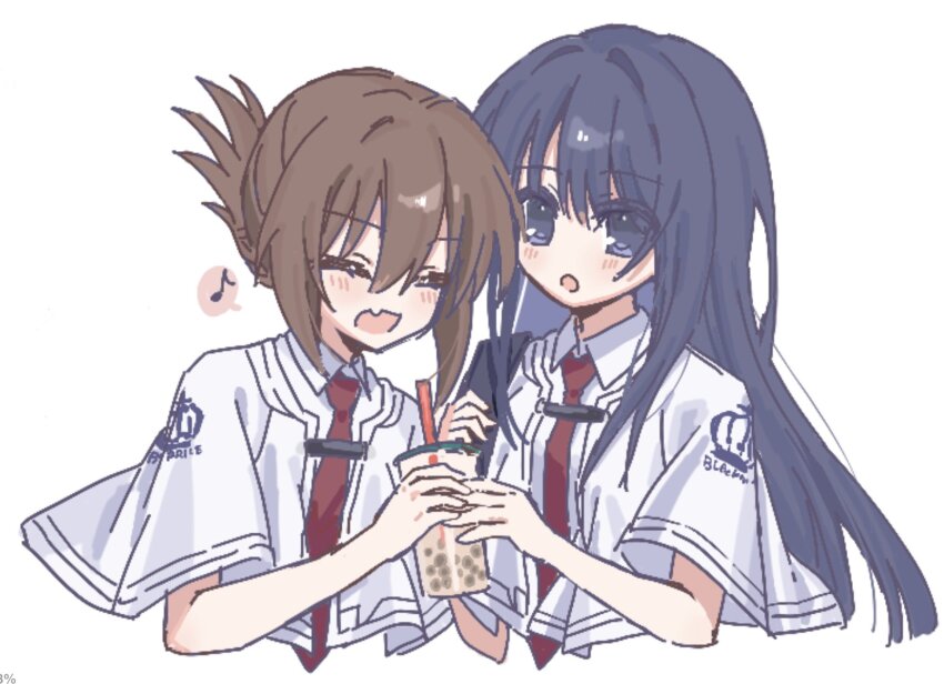 2girls blue_eyes blue_hair brown_hair capelet cup deformed disposable_cup drink_request drinking_straw eshiko fang folded_ponytail friends hair_between_eyes hair_intakes highres holding holding_cup long_hair looking_at_another multiple_girls musical_note necktie no_nose open_mouth red_necktie school_uniform shirt short_hair sidelocks simple_background skin_fang smile spoken_musical_note subarashiki_hibi surprised tachibana_kimika takashima_zakuro upper_body white_background white_capelet white_shirt