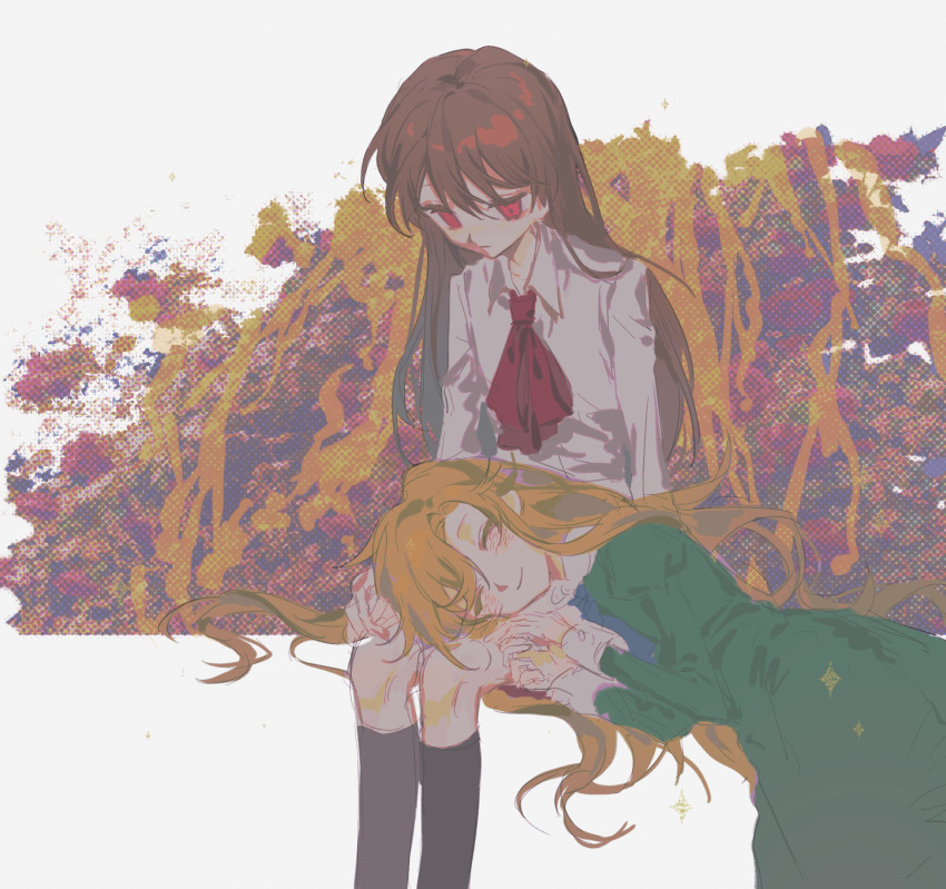 2girls ascot black_socks blonde_hair brown_hair chinese_commentary closed_eyes closed_mouth collared_shirt commentary_request dress expressionless green_dress highres ib_(ib) ib_(kouri) invisible_chair kneehighs lap_pillow long_hair mary_(ib) multiple_girls red_ascot red_eyes shengyiyi shirt sitting smile socks white_shirt