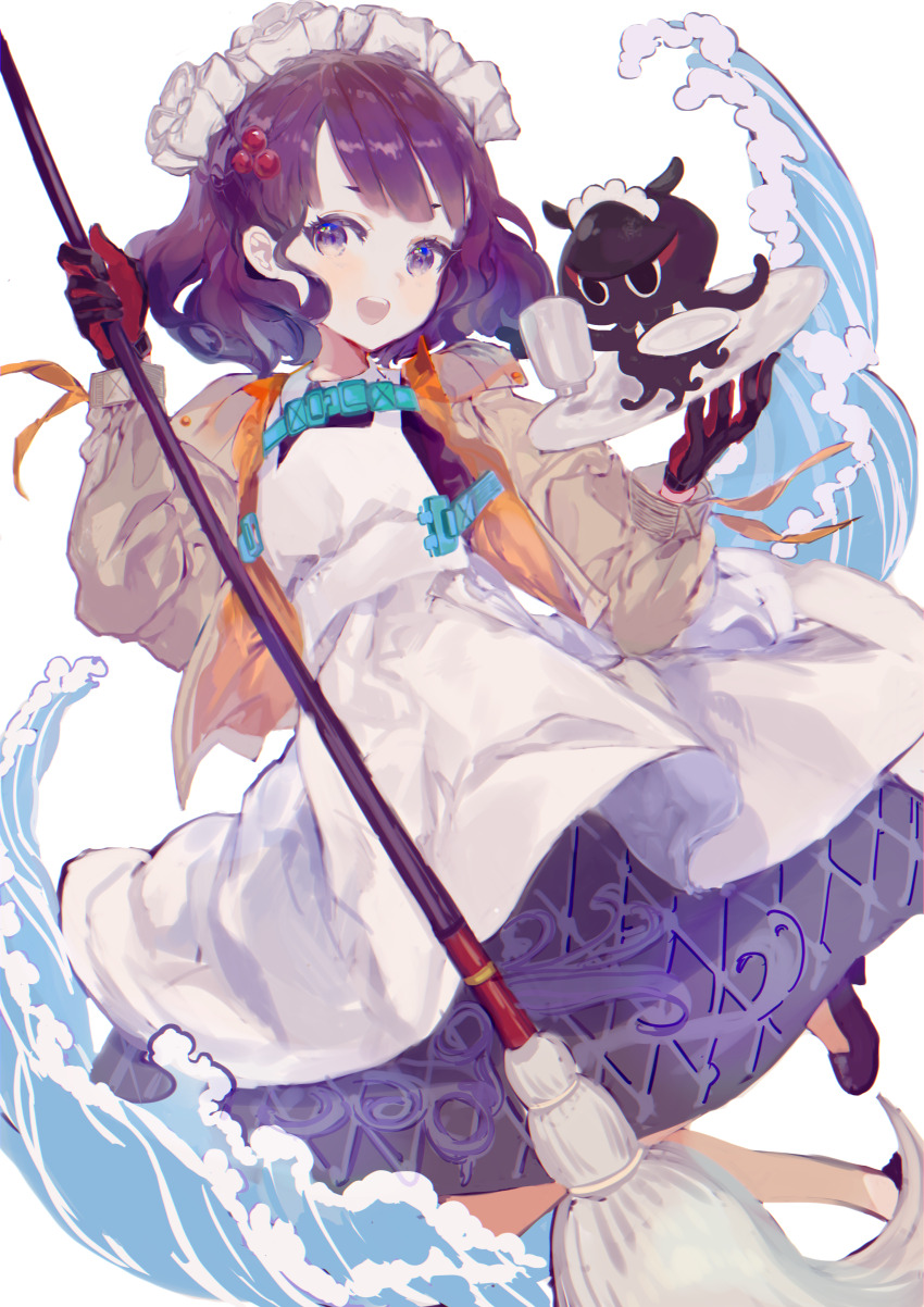 1girl :d absurdres apron black_dress black_gloves black_shoes chest_harness cup dress fate/grand_order fate_(series) gloves harness highres holding holding_cup holding_mop holding_plate jacket katsushika_hokusai_(fate) katsushika_hokusai_(festival_outfit)_(fate) looking_at_viewer maid maid_apron maid_headdress mop official_alternate_costume open_mouth plate purple_eyes purple_hair seika_(yuimarutoka0219) shoes short_hair simple_background smile solo tokitarou_(fate) water white_apron white_background